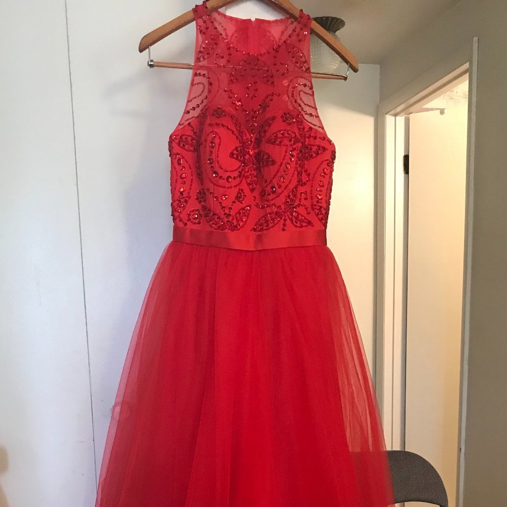 Beautiful Red Beaded Bodice Tulle Gown!